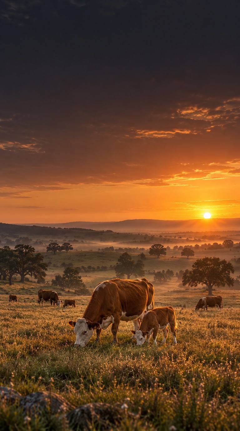 Vacas con sus terneros pastando en un campo de cría al atardecer